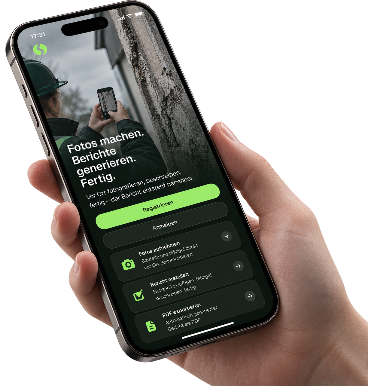 Fotoverständiger-App auf einem Smartphone: fertiger Fotobericht in der Vorschau